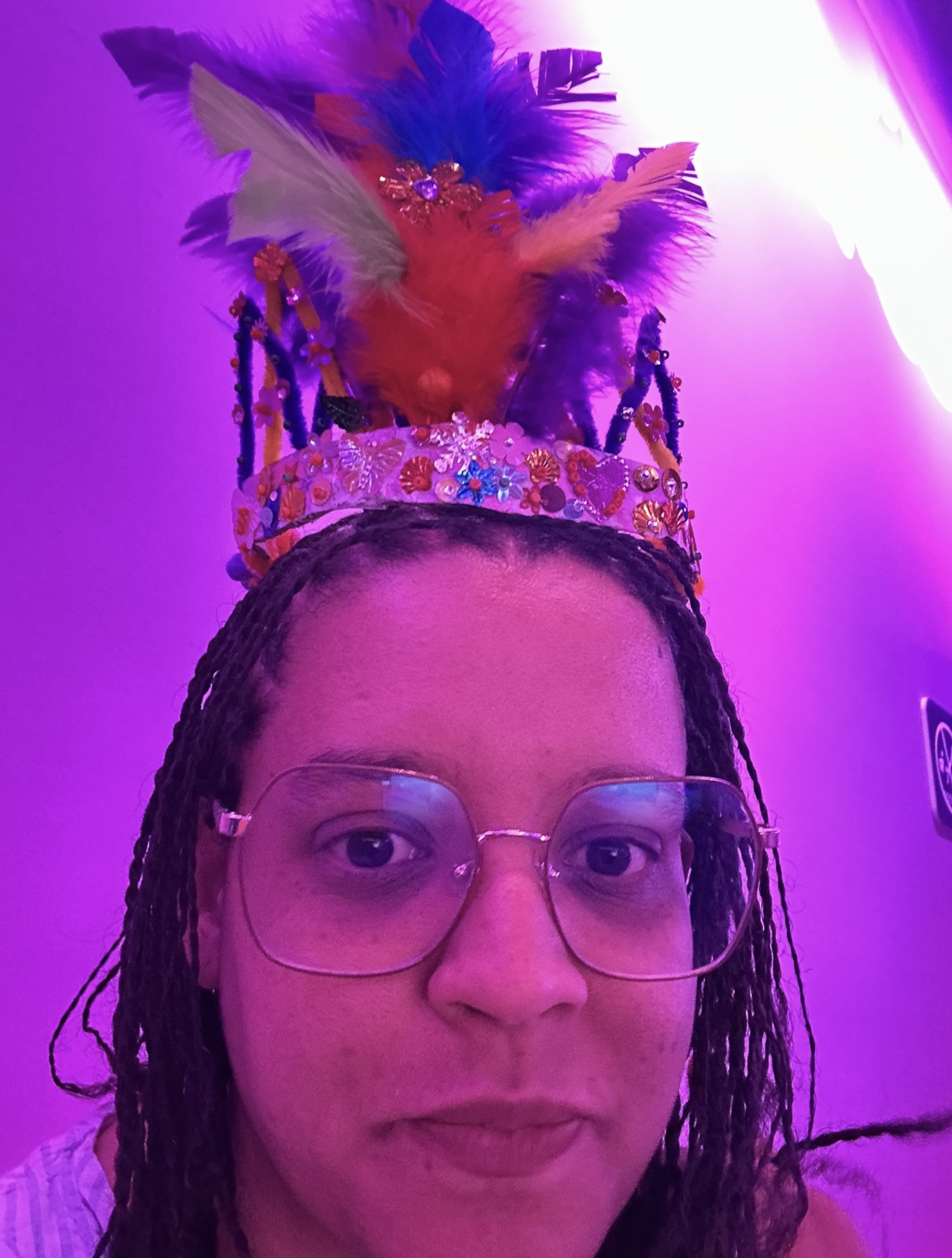 Dany Sigwalt wearing a beaded Carnival crown